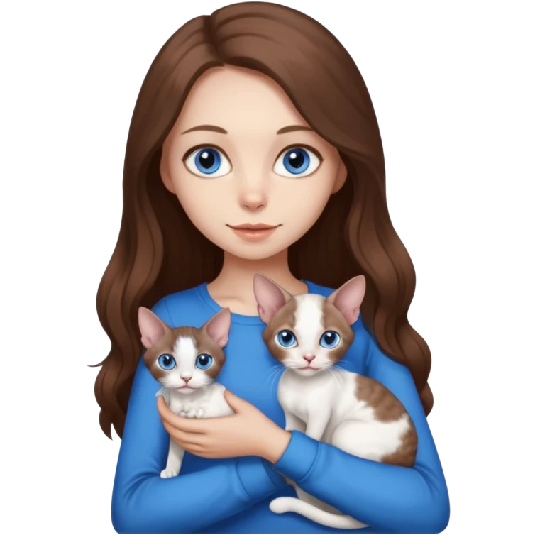 beautiful skinny girl with long brown hair and blue eyes in dark long sleeve is holding a devon rex white cat with blue eyes. the colors of cat’s and girl’s eyes are the same.  emoji