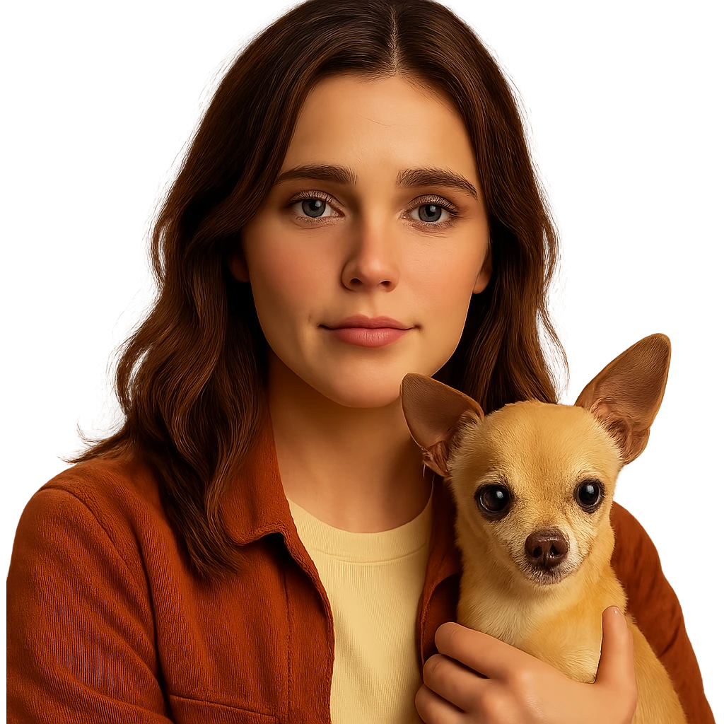 Portrait centered for Instagram profile picture inspired by the facial features visible in the reference images, with a tanned complexion, subtle freckles, shirt color #FFF8CA, rust-colored jacket, medium-length brown hair with auburn highlights, expression tender and moved, holding a beige-brown chihuahua, Netflix series style, transparent background, intimate Tenerife ambiance. emoji