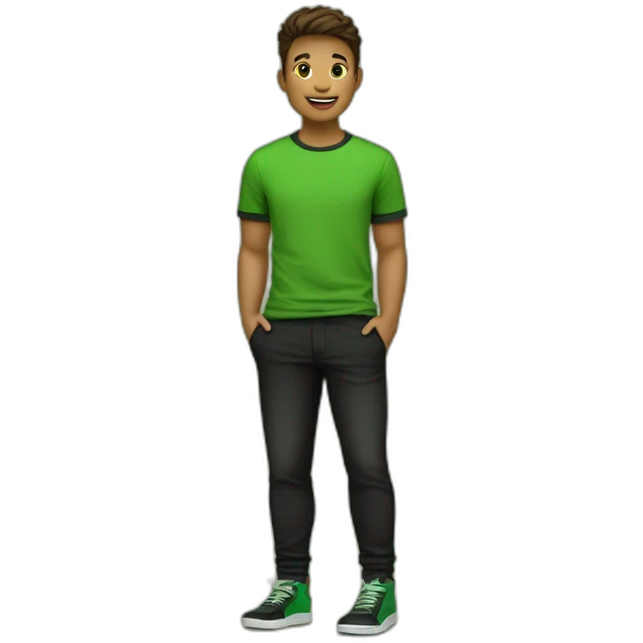 jongen met een bruine huisdkleur en groen en t-shirt en zwarte broek en zwarte schoenen emoji