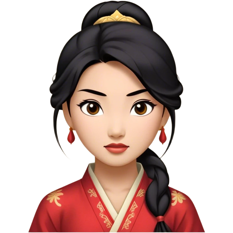 Cinematic Realistic Mulan Portrait, depicted with lifelike skin texture, soft natural lighting, and intricately detailed long black hair styled elegantly. Her deep, expressive eyes exude determination and grace, complemented by a serene yet confident expression. She is dressed in her classic attire, with rich fabric textures and delicate folds that catch the light beautifully. The portrait features a soft, enchanting glow with a natural, radiant finish, capturing the essence of timeless strength and beauty in a realistic and painterly style, evoking a sense of depth and authenticity. emoji