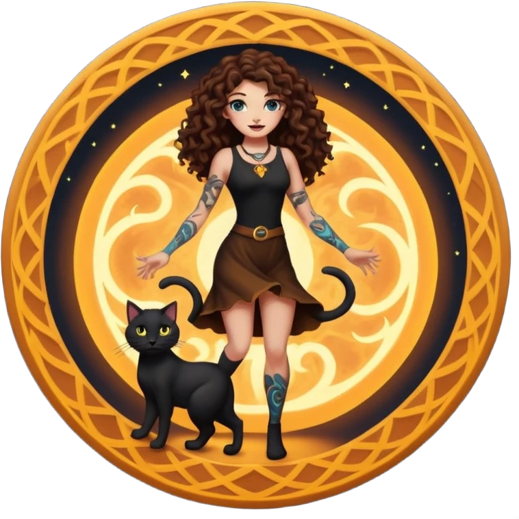 woman with long curly brown hair, brown eyes, white skin, tattoos, black cat stepping out of a glowing portal circle emoji