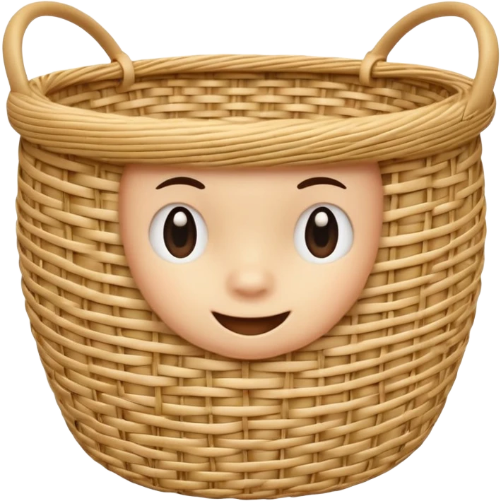 A 3D cartoon natural straw woven basket with detailed weave pattern, soft light, Memoji-style realism. emoji