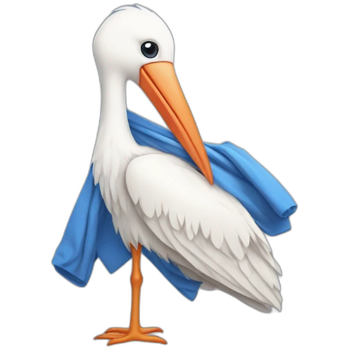 White stork carrying a blue bundle of cloth in its big beak that has a human person cute baby human inside and the human baby head is peeking from the fabric the strok is carrying in its beak emoji
