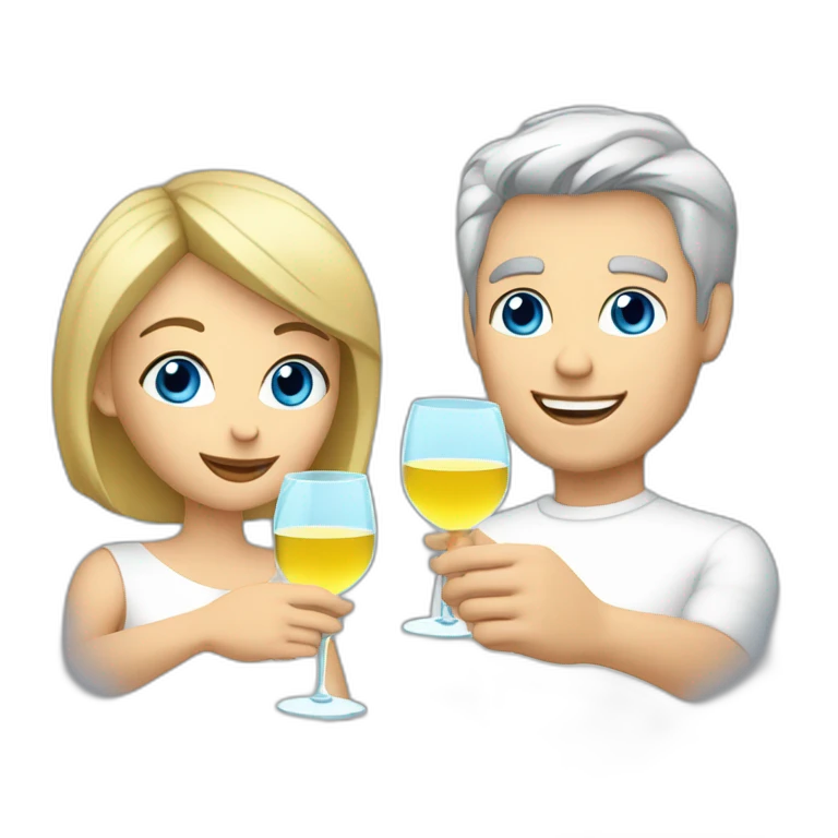 caucasian woman with brown eyes and blond short hair and a caucasian man with blue eyes and grey hair, toasting with a glass of white wine emoji