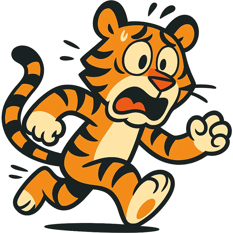 cartoonish tiger running away, looking scared, vibrant toon style emoji