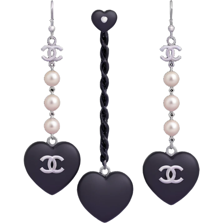 glossy 3D emoji-style drop earrings featuring black heart with string of pearls and silver Chanel logo at center, elegant emoji