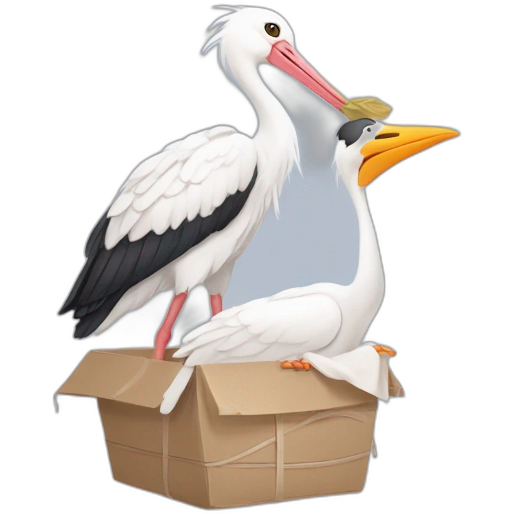  white stork carrying a bundle of cloth in its beak that has a human baby with dark hair and the baby face is peeking out from the cloths bundle the strok is carrying with its beak emoji