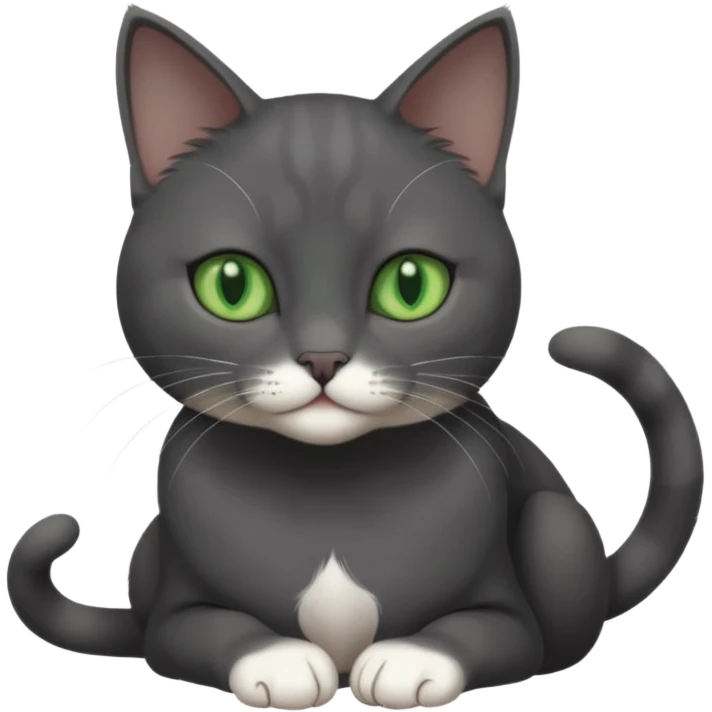 beautiful female solid dark grey cat with green eyes, white toes/paws and white patch on her chest playing emoji