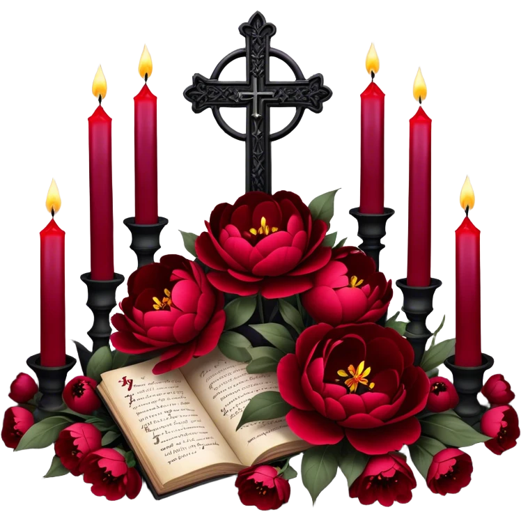 A dark, romantic composition featuring deep red peonies and pansies intertwined with blackened love letters, surrounded by glowing crimson candles. Butterflies in various shades of red flutter around Gothic crosses, creating an eerie yet passionate atmosphere. emoji