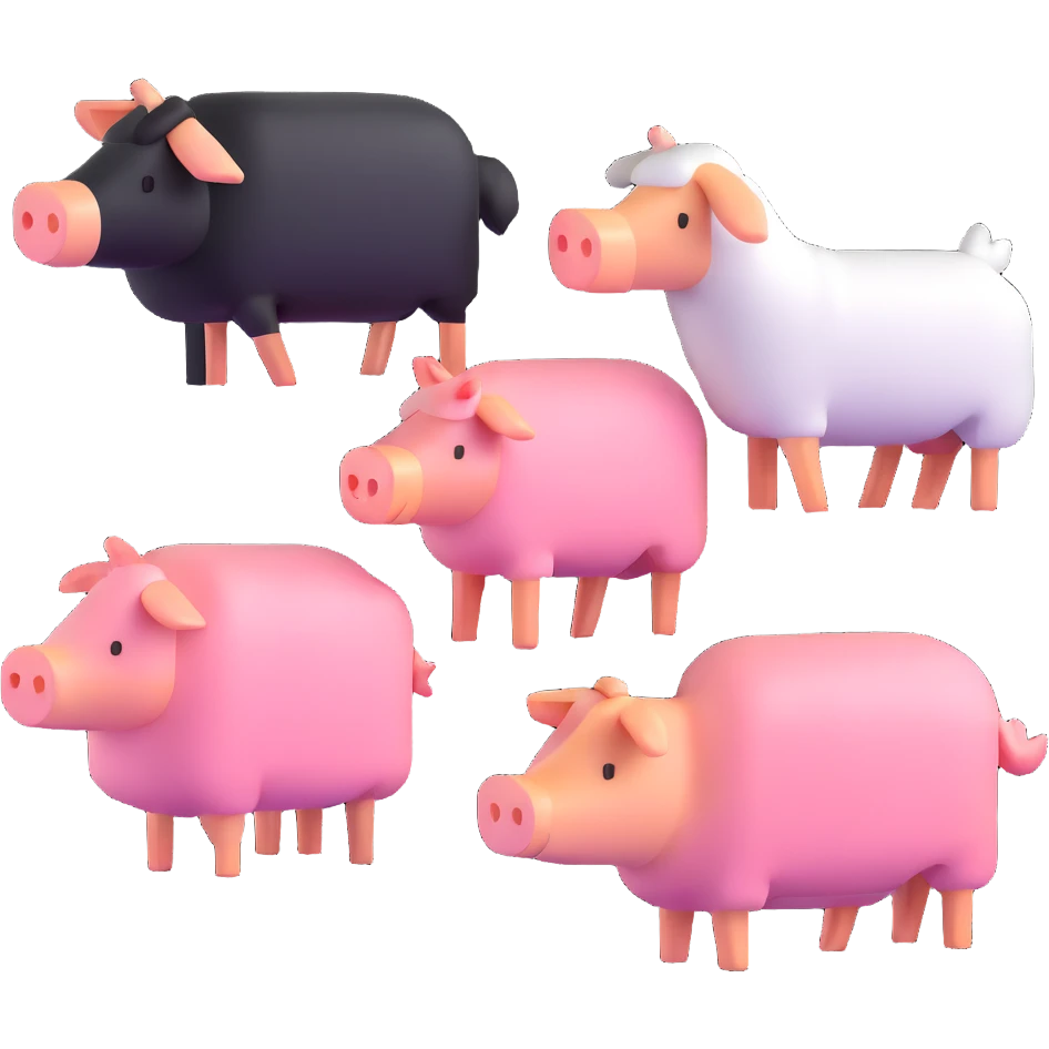Minecraft style sheep, blocky pig friend, and blocky chicken friend together emoji