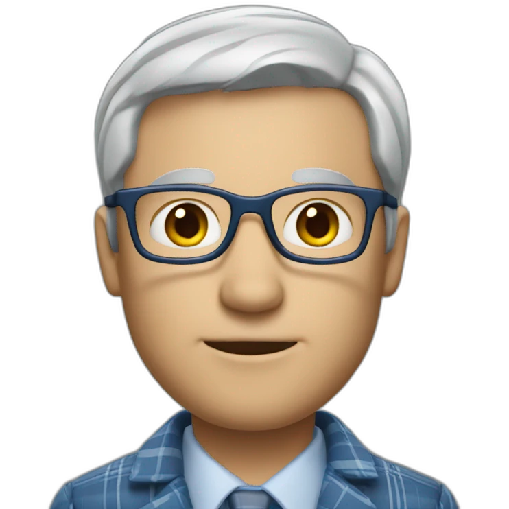 White man, short grey hair with no part, glasses, plaid business shirt, plain blue sports coat. emoji