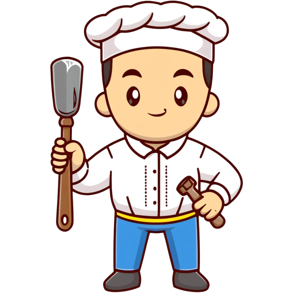Ukrainian man wearing traditional white embroidered shirt (vyshyvanka) holding a hammer in one hand and a kitchen ladle in the other hand emoji