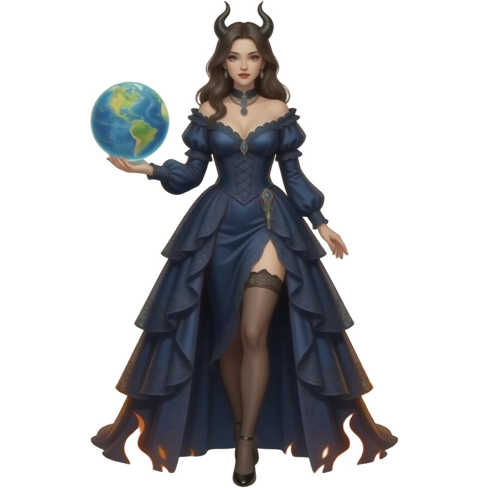 a seductive demonically beautiful woman in a long dark blue ornate Victorian dress with a deep neckline holds a radiant globe in her hand and steps out of a circle of fire emoji