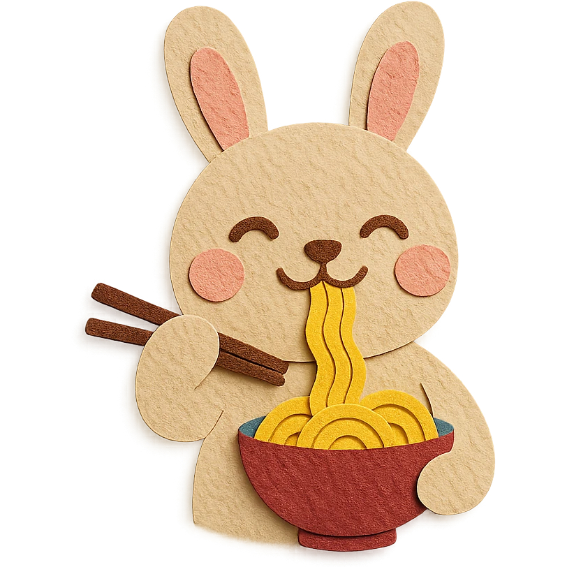 beige bunny happily slurping noodles, holding proper chopsticks, paper-craft style emoji