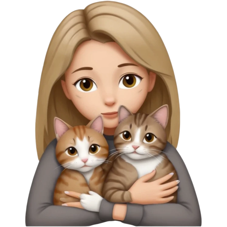 Une femme avec les cheveux dégradée, brun et blond, qui fait un câlin à son chat gris, tigré avec les extrémités que pattes pointe d’oreilles noires et le dessous du menton blanc la fille n’a pas d’oreilles, il n’y a qu’un seul chat emoji