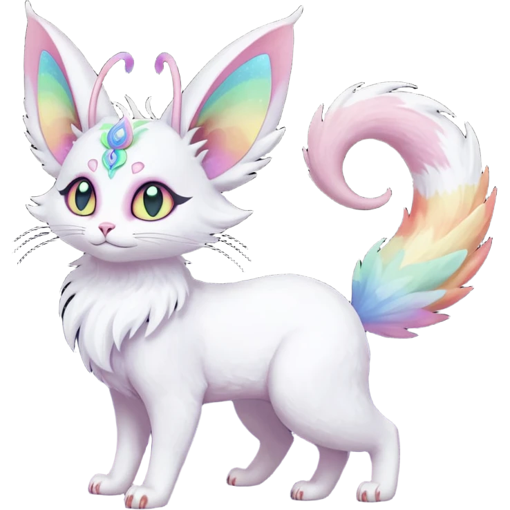 Pure-snow-White albino iridescent with pastel rainbow-gradients-color-markings with swirly patterns butterflies  faerie-Noivern-Noibat-Purloin-Torracat-Lykoi-Caracal-cat-Fakemon-fusion-hybrid-creature emoji