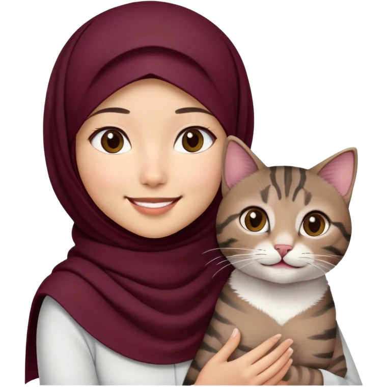 Asian white Girl wearing dark maroon hijab with white shirt smiling while holding a black brown grey tabby cat emoji