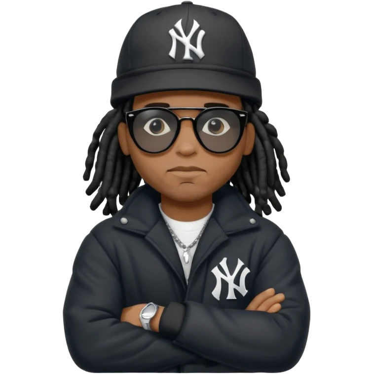 African American man with shoulder length black dreadlocks wearing black sunglasses with black bubble winter coat wearing a New York Yankees baseball hat with arms folded emoji