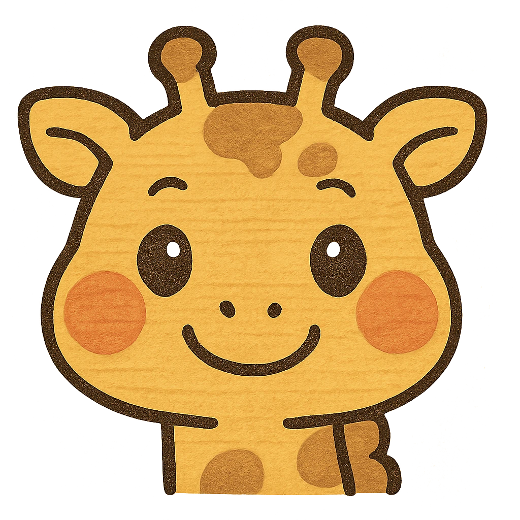 cute, stylized cartoon giraffe head with big, expressive eyes, a friendly smile, and exaggerated blush marks. The design should be simple, round, and optimized for small sizes (Twitch emoji). Use warm yellow and brown colors, with a soft outline. The expression should be happy and welcoming, perfect for a 'hi' or 'yay' emote. Cartoonish, kawaii-inspired style emoji