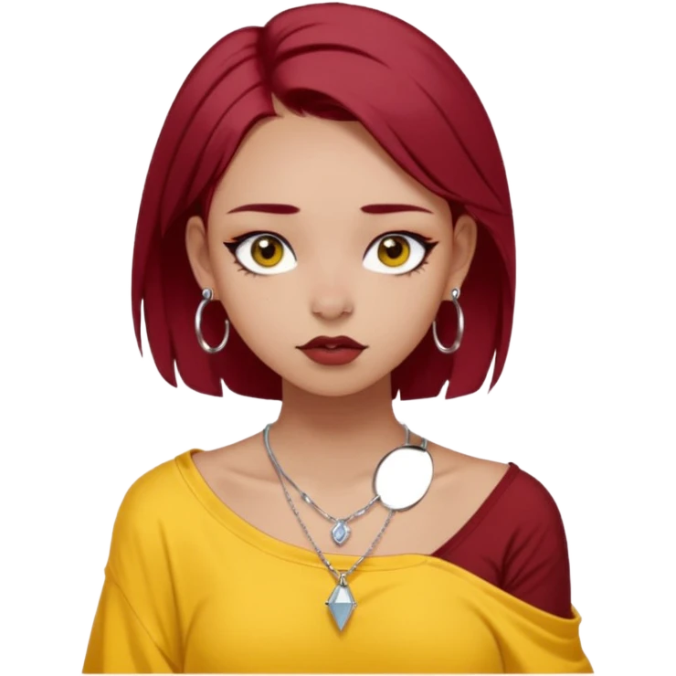 generate a pretty bratz girl with dark brown eyes. Dark red hair straight long. wearing a yellow oversized tee falling off her shoulder, dainty silver necklace, silver hoops, septum piercings. big eyeliner emoji