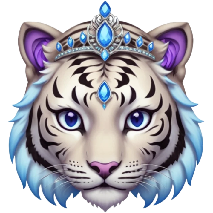 ESO Female white/black tiger khajiit leader of the umbral rose, glowing blue eyes, glowing blue 'third eye' gem; purple gemmed silver tiara emoji
