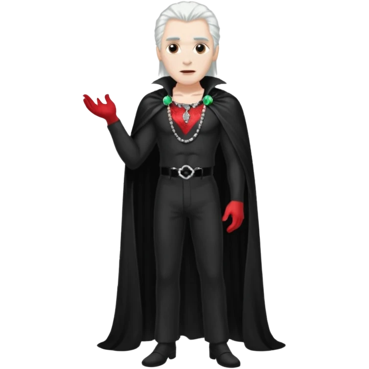Dracula with long white hair, black sequin baggy pants, shirtless with necklace, black sequin cape emoji