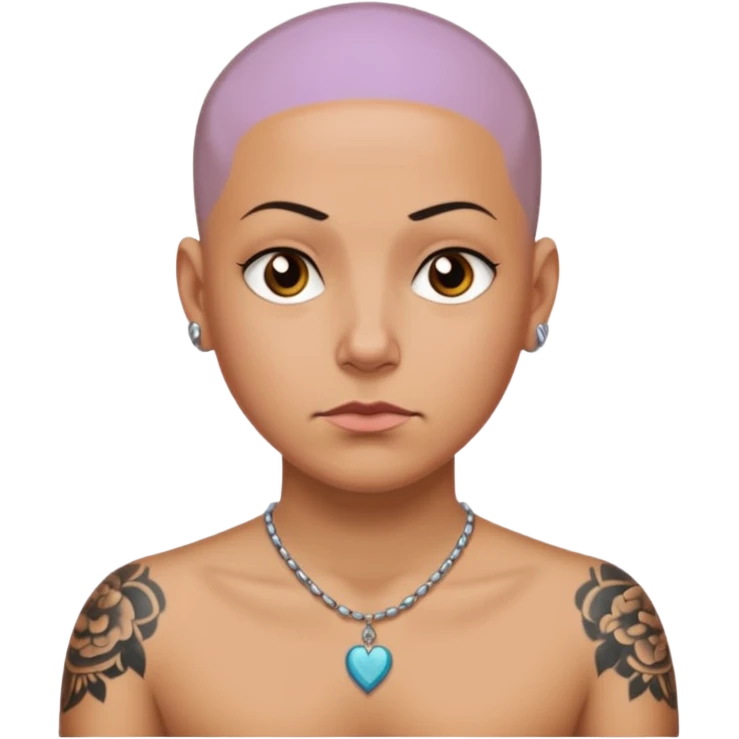 a bald head wearing necklace, having tattoo emoji