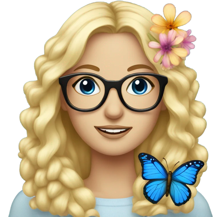 Gorgeous blond lady blue eyes with flowers and butterflies wearing glasses  emoji