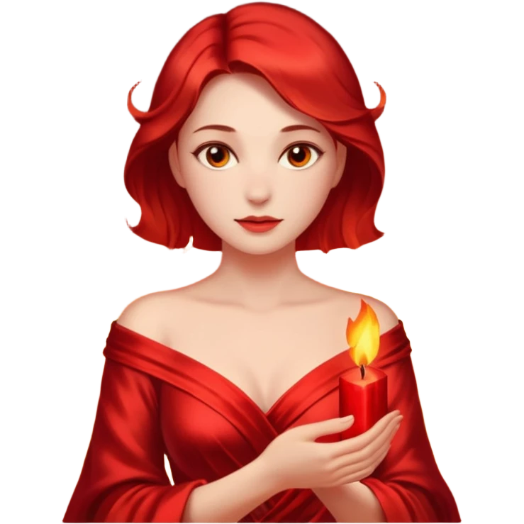 Woman slowly letting red silk fall from her shoulders, firelight flicker emoji