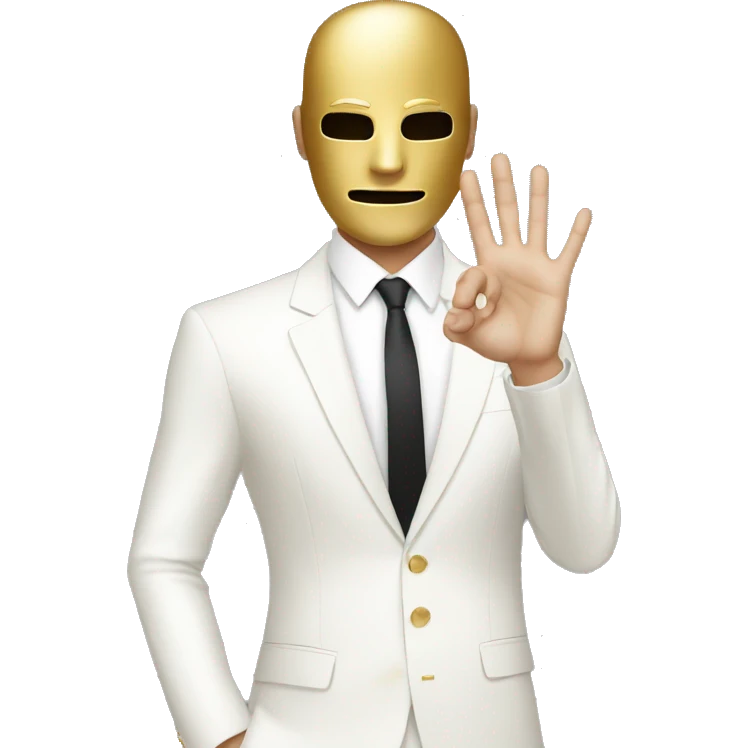 White suit Guy with gold Mask raising his right hand and looking down emoji