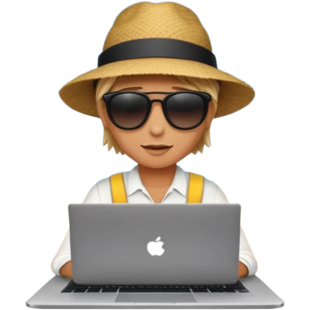  An open laptop on the beach. bildschirm ist schwarz und im hintergrund sind palmen, meer emoji