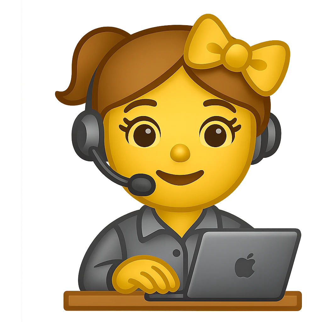 Make the recruiter robot emoji even cuter and more feminine with different hairstyles and accessories like bows or glasses. Style should be apple style, flat, and metallic. The robot is at a desk, wearing a headset, and typing on a laptop. Transparent background. emoji