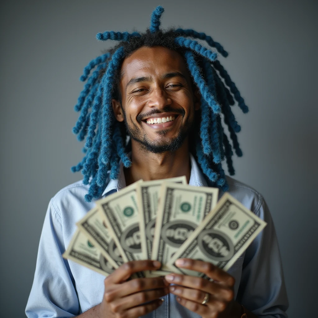 smiling realistic person with blue dreadlocks fanning out dollar bills, AI-generated photorealism emoji