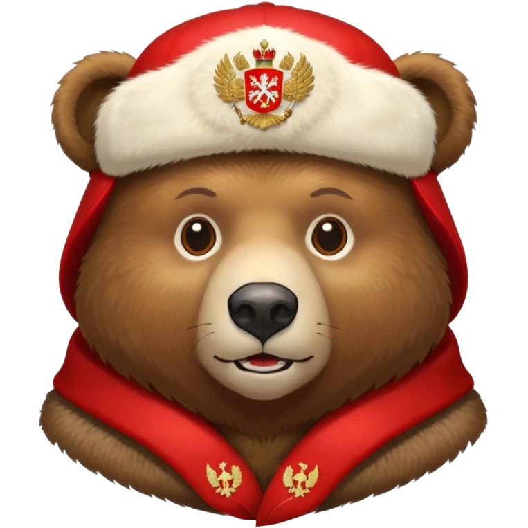 Russian brown bear wearing a red ushanka hat with Russian coat of arms emblem, front view, iOS emoji style emoji