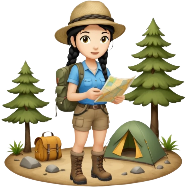 A braid black hair backpacking woman checking her map with curious eyes while walking wear camping hat and dirt covered boots full body emoji