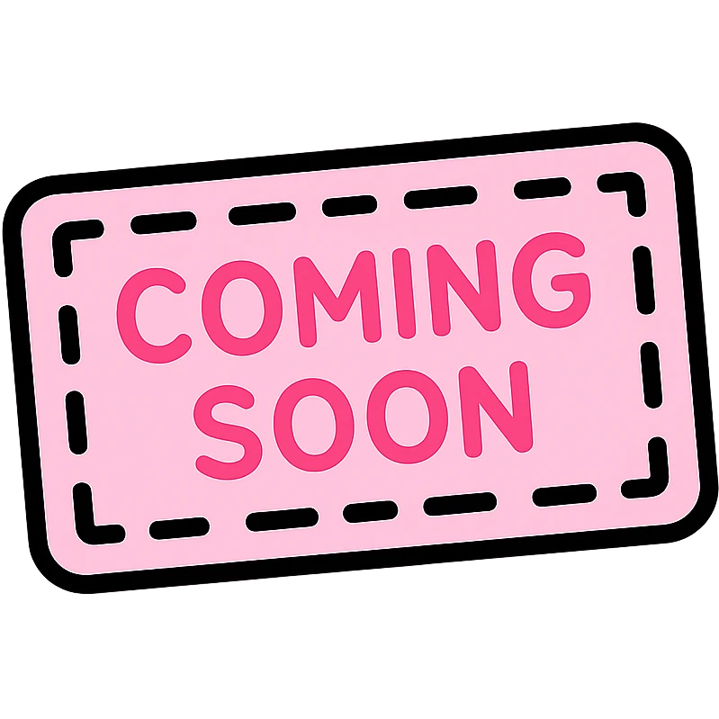 baby pink coming soon stamp, color outline style, rectangular with dashed border, clear text emoji