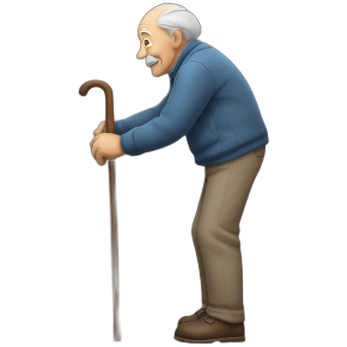 Old man leaning on a walking cane holding his back with the other hand emoji