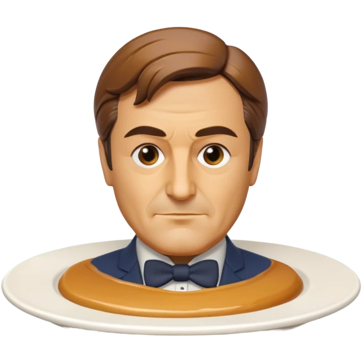 realistic flan dessert sculpted as François Fillon's bust, caramel hair, on a simple white round plate emoji