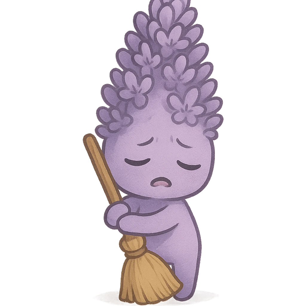 chibi lavender flower, gentle purple, hugging a small broom, looking very tired, full-body emoji