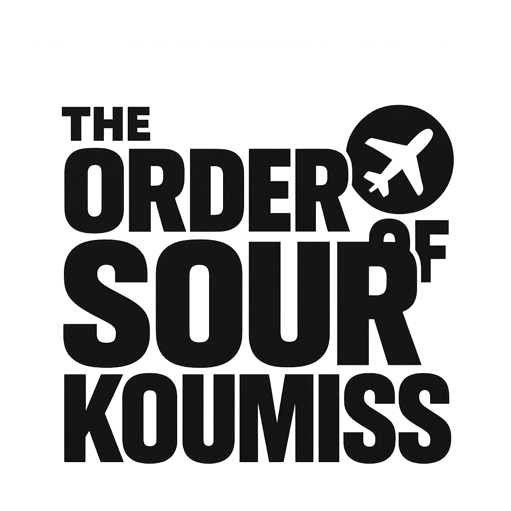 A retro 90s logo for 'The Order of Sour Koumiss' with bold typography and a subtle travel-related icon, in black and white emoji