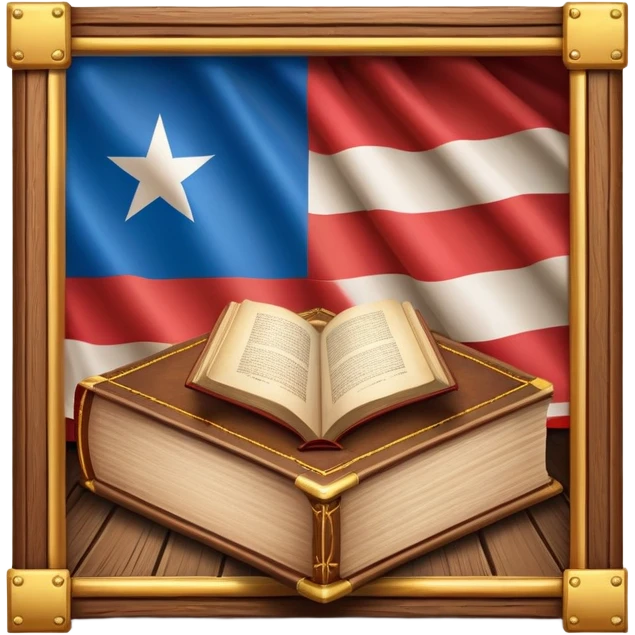 Historic book with theatre stage opening on cover, Puerto Rican flag visible on stage backdrop, wooden frame elements, glowing with warm light suggesting immortality of cultural heritage emoji