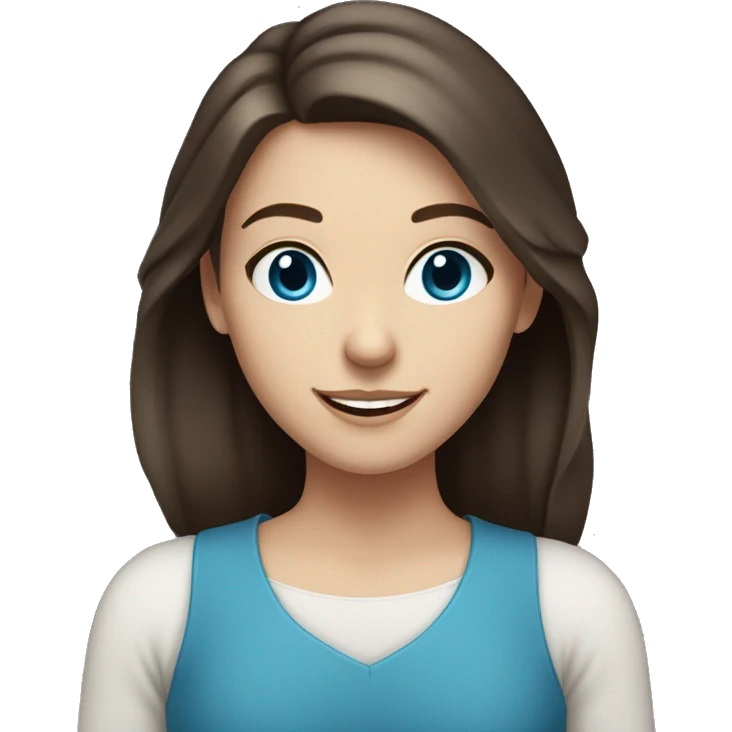White girl with blue eyes and dark brown hair, smiling emoji