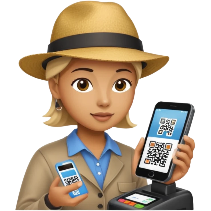Draw a tourist who is using their phone to scan a QR code on a POS terminal. In the style of Apple emoji emoji