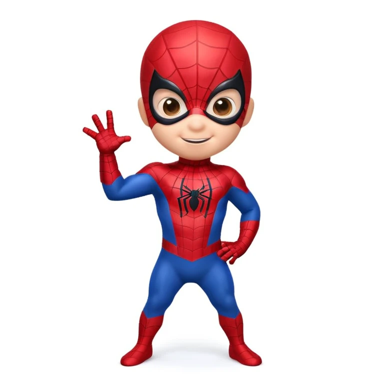 A 3d small funny baby spiderman superhero in stand pose emoji