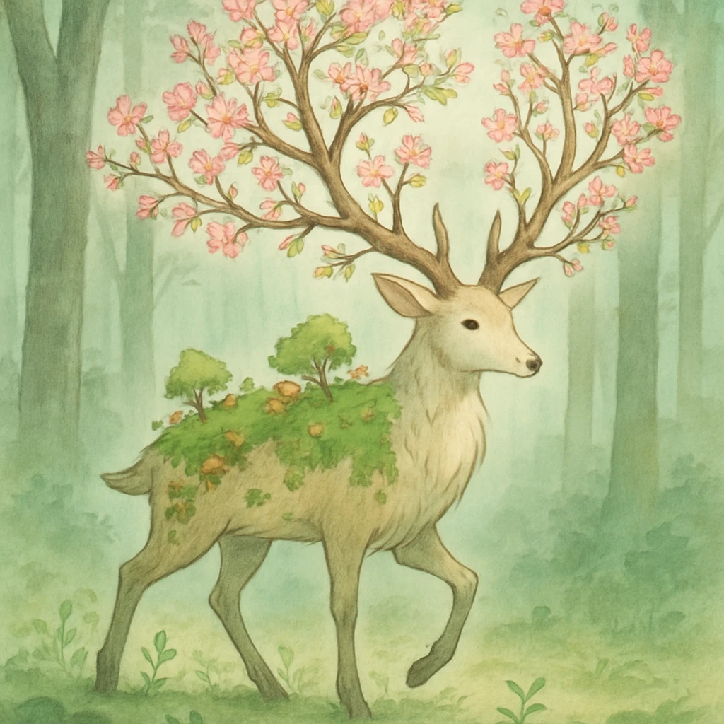 A gentle deer spirit companion with antlers that branch into flowering trees, moss and small mushrooms growing along its back, leaving a trail of sprouting plants with each step through a misty forest emoji