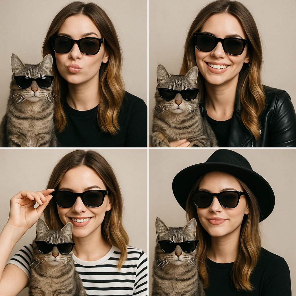 a white woman with light brown ombre hair and a grey tabby cat, both wearing black sunglasses and looking cool, in a variety of fun and stylish interpretations emoji