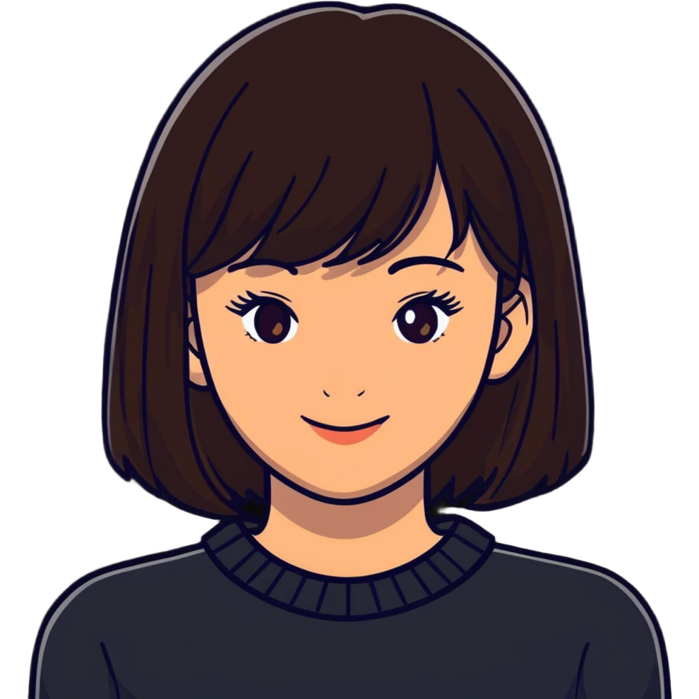 Pretty woman with dark brown bangs, subtle makeup, warm smile emoji