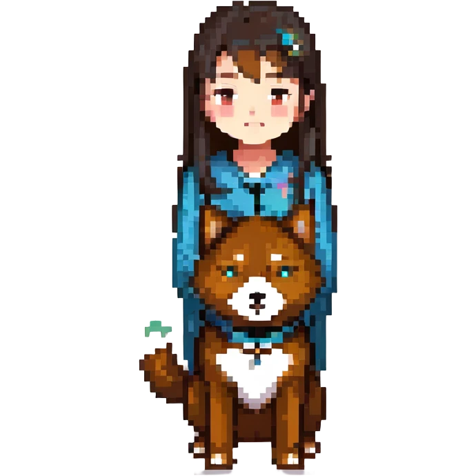 Asian girl with dark brown hair and a black shiba inu emoji