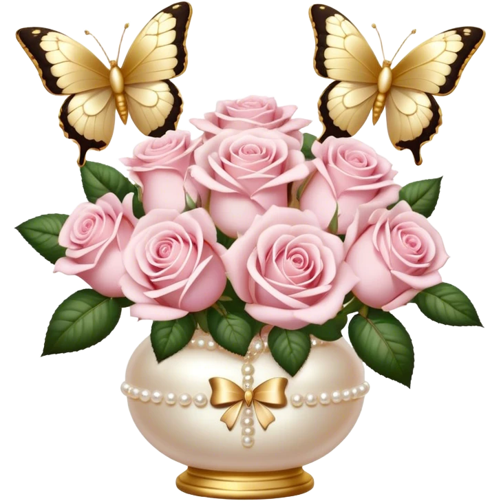 Realistic aesthetic bouquet of light pink roses in a pearl vase and a ivory bow with gold decoration and a butterfly with gold and beige wings emoji