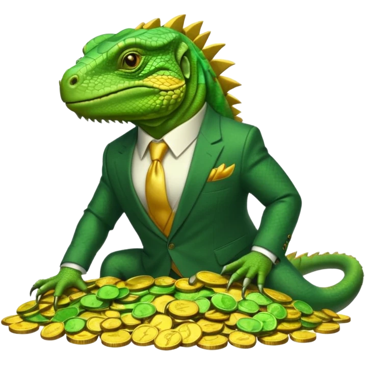 capitalist iguana in suit lying on coins emoji